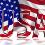 3D Shiny USA graphic text in American colours with Stars and Stripes billowing in background